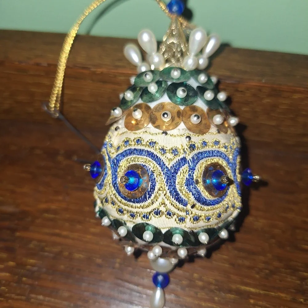 Beaded Satin Sequin Push Pin Ornament Red Ball White Blue Egg Vintage Christmas